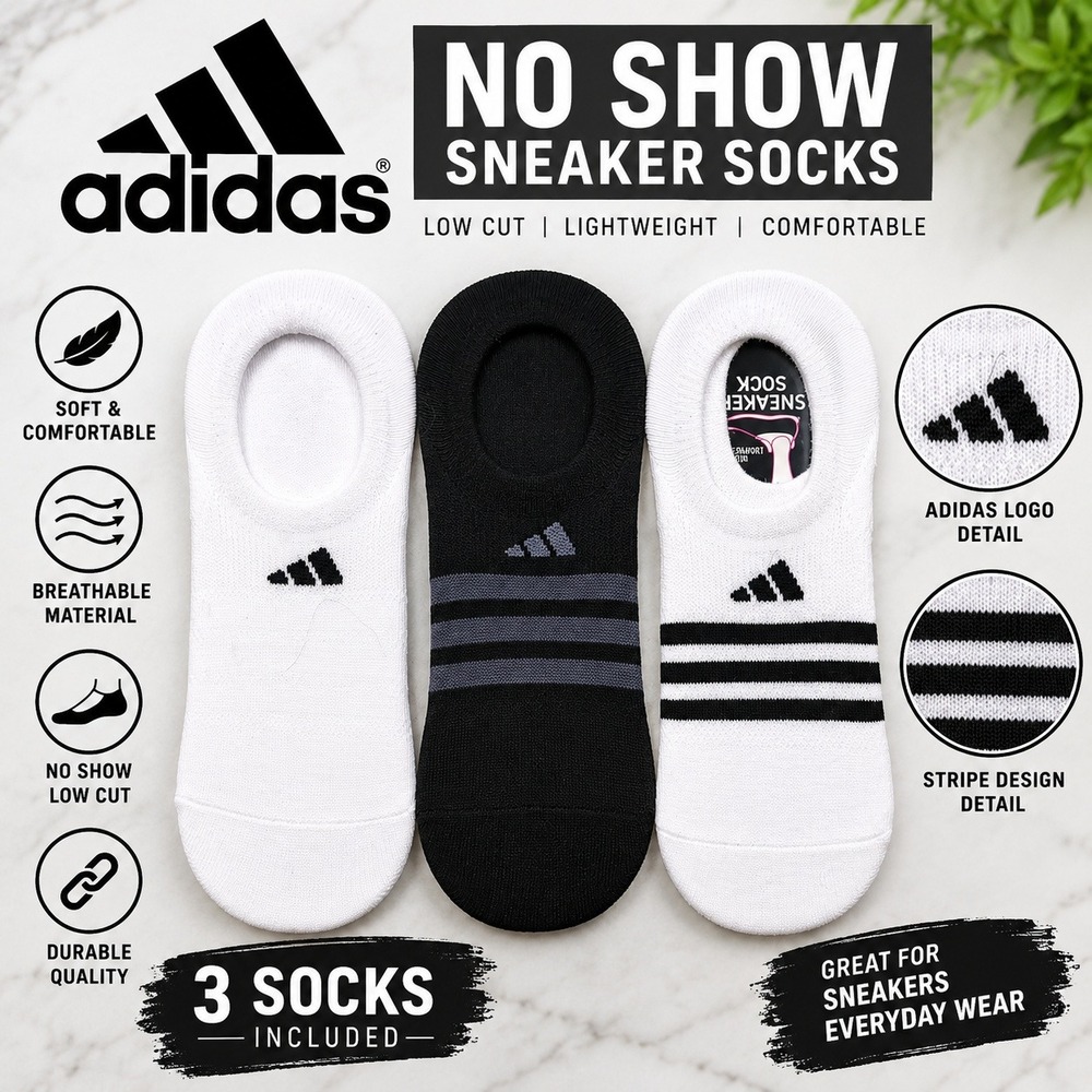 Adidas No Show Sneaker Socks 3 Pair Pack White Black Low Cut Athletic Socks